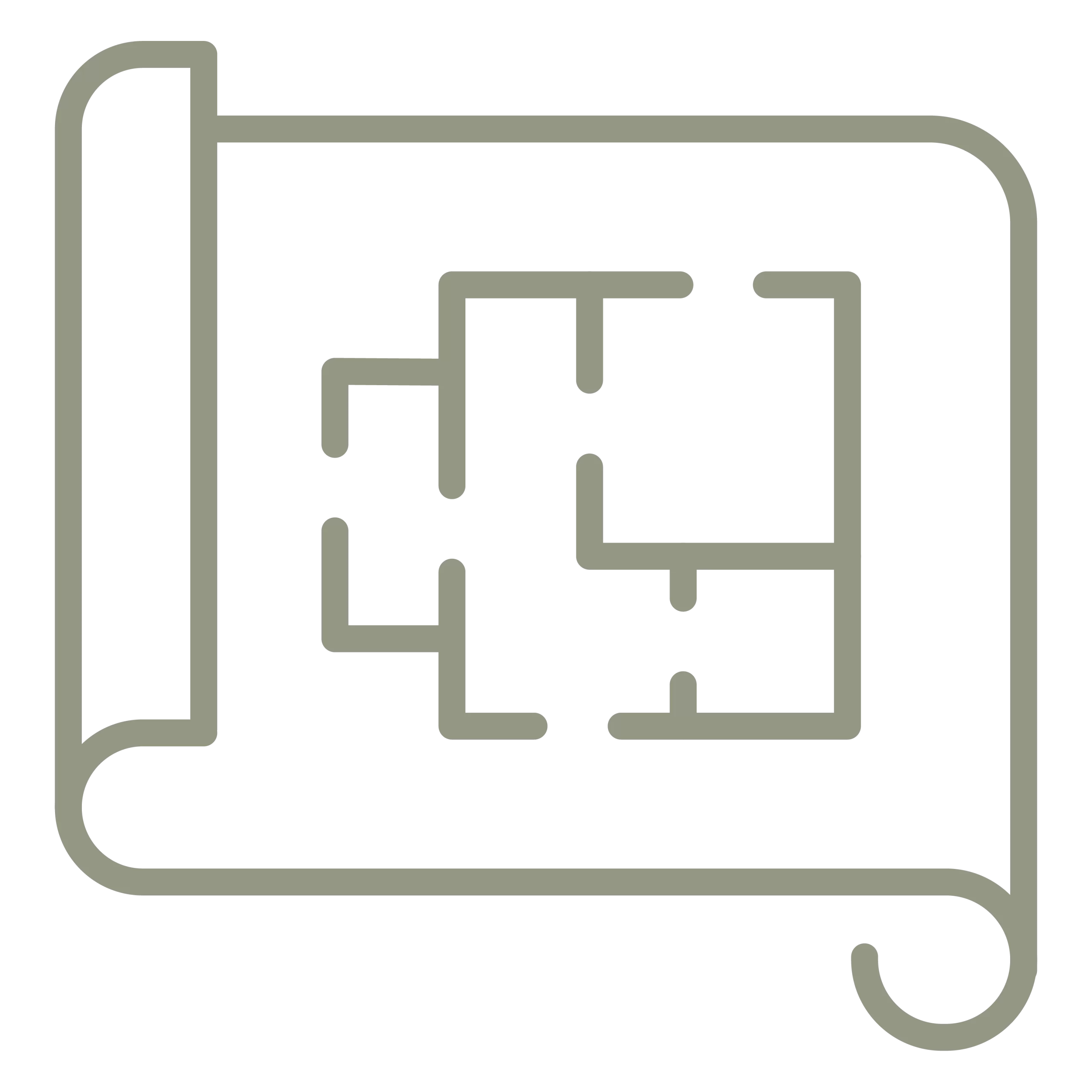 A rolled architectural blueprint showing a floor plan layout with various rooms and hallways.