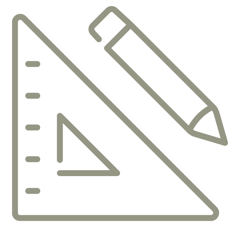 Icon depicting a pencil and a triangular ruler, typically used to represent tools for drawing or design work.